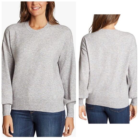 Anthropologie Ella Moss Maggie Heather Grey Puff Sleeve Knit Sweater Small - Picture 1 of 13